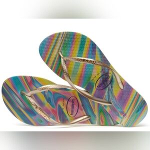 Havaianas Slim Flip Flops Rainbow Swirl Metallic Straps Eur 41/42 Womens 10